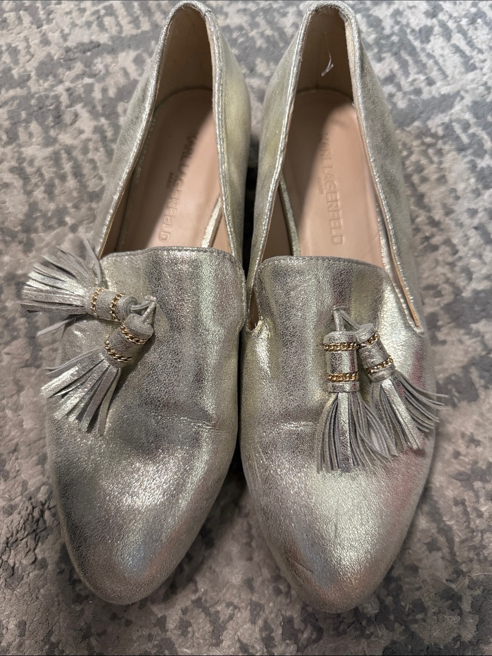 Karl Lagerfeld Metallic Silver Tassel Loafers